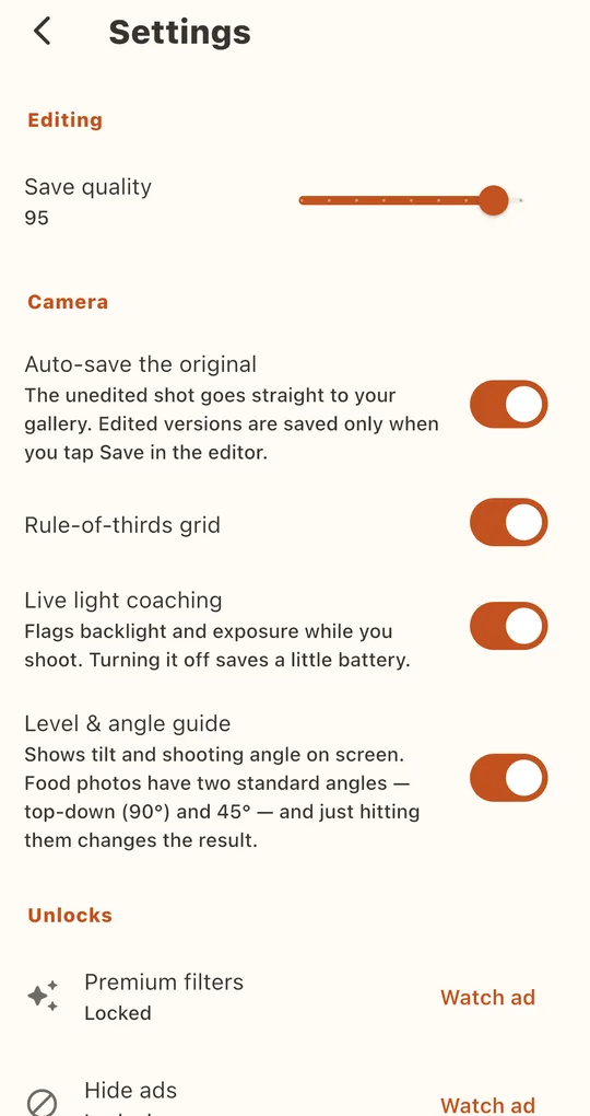 Settings screen with Save quality, Auto-save the original, Rule-of-thirds grid, Live light coaching and Level and angle guide switches
